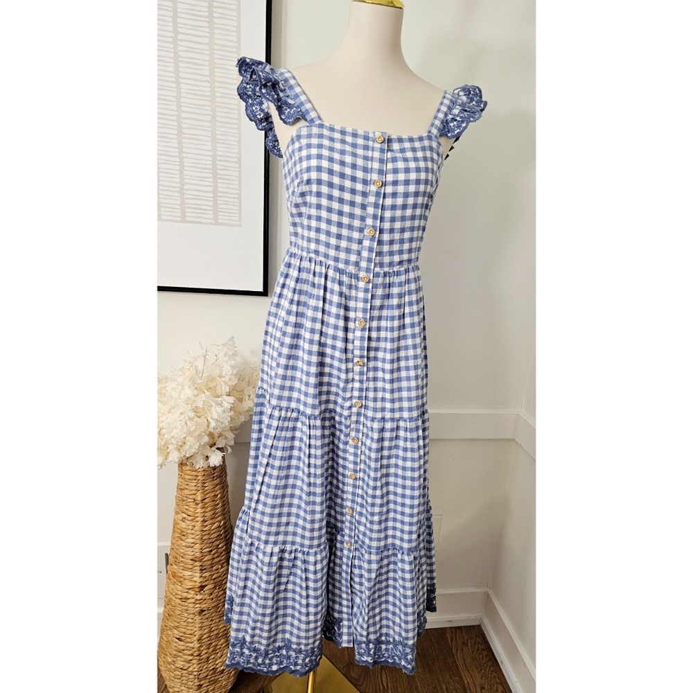 Shabby Chic Blue Gingham Tiered Maxi Ruffle Sleeves Midi Maxi Cotton Dress